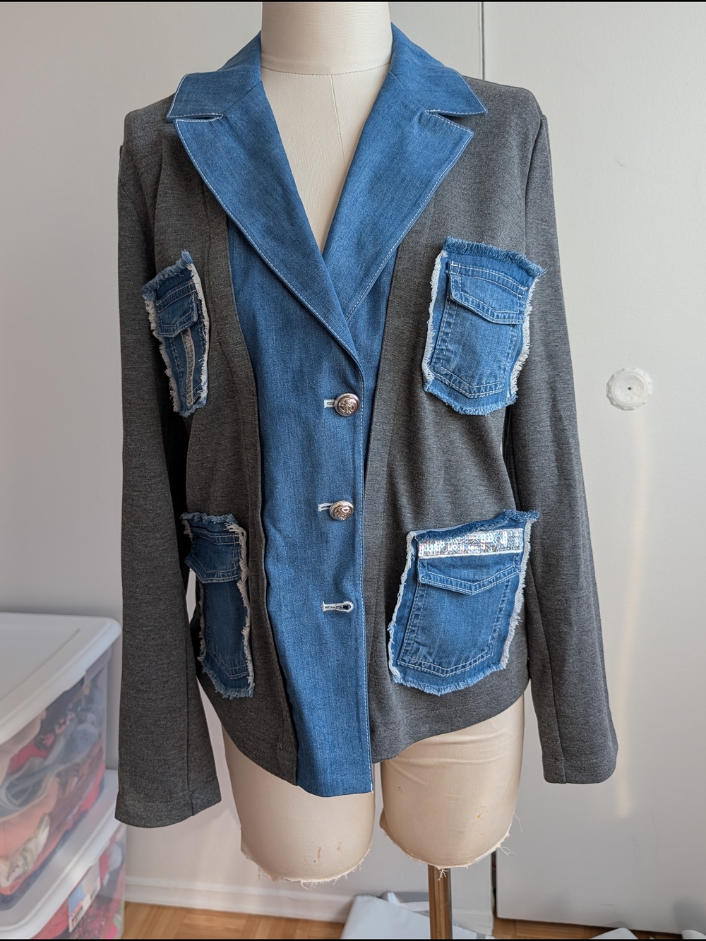 Tricotto Gray Blazer with Blue Denim Trim and Patch Pockets